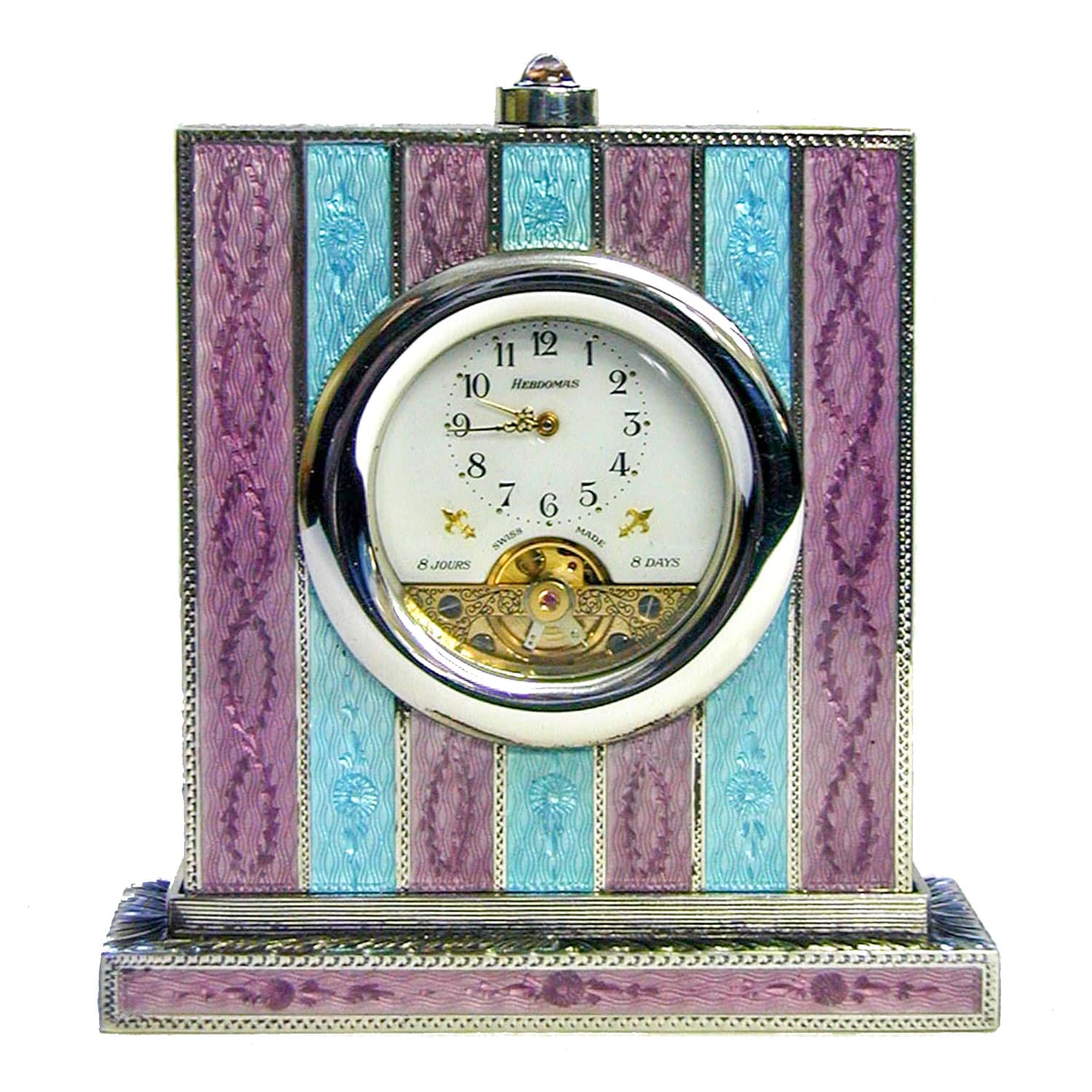 Sterling silver Accessories for Home Table Clock enameled on guilloche, light blue and purple stripes.
