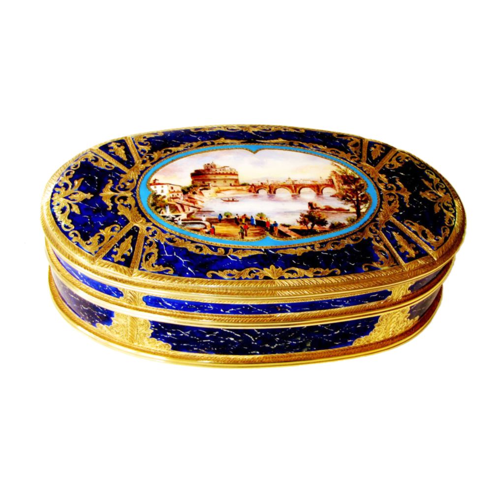 6531-7564 – Big oval jewel box Baroque style, in 925/1000 sterling silver gold plated with fine hand engravings around fired enameled spaces with lapis lazuli type painting and big miniature in the center hand painted by painter Renato Dainelli reproducing an image of Castel Sant'Angelo in Rome by Gaspar Van Wittel. Inside lined in blue velvet. Size cm. 13,2 x 22,3 x 6. Weight gr.1.628- Designed by Franco Salimbeni in 2008 and made in Florence in the Salimbeni factory with manual workmanship by skilful artisans with high thickness plate and big reinforcements suitable to support several firings of enamelling at high fire at about 800° C.