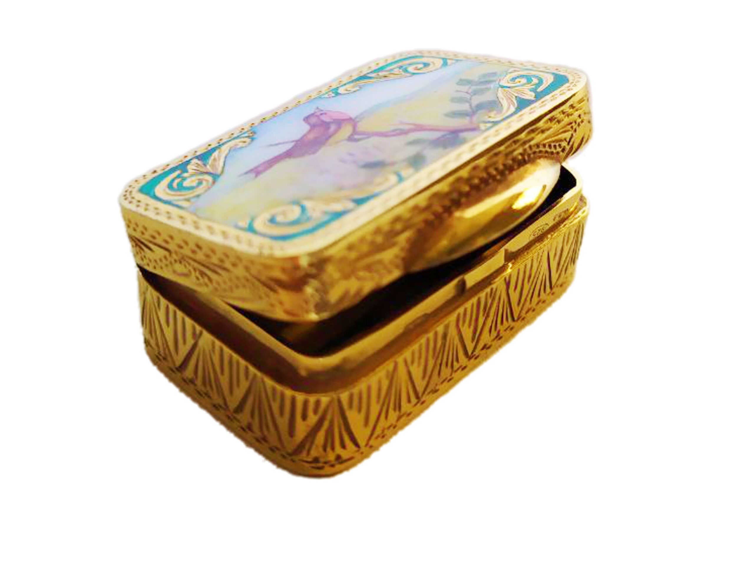 Sterling Silver enameled Pill box with rounded corners (925/1000) gold plated with hand painted fire enameled miniature depicting a bird