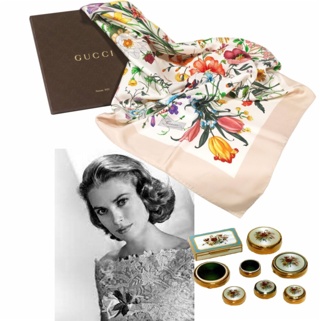 A composition of connected images: the very famous Gucci foulard named Flora designed for the Princess of Monaco Grace Kelly. A beautiful black and white photo of Grace Kelly and the collection of Gucci silver products made by Salimbeni for the Flora collection combined with the Foulard
