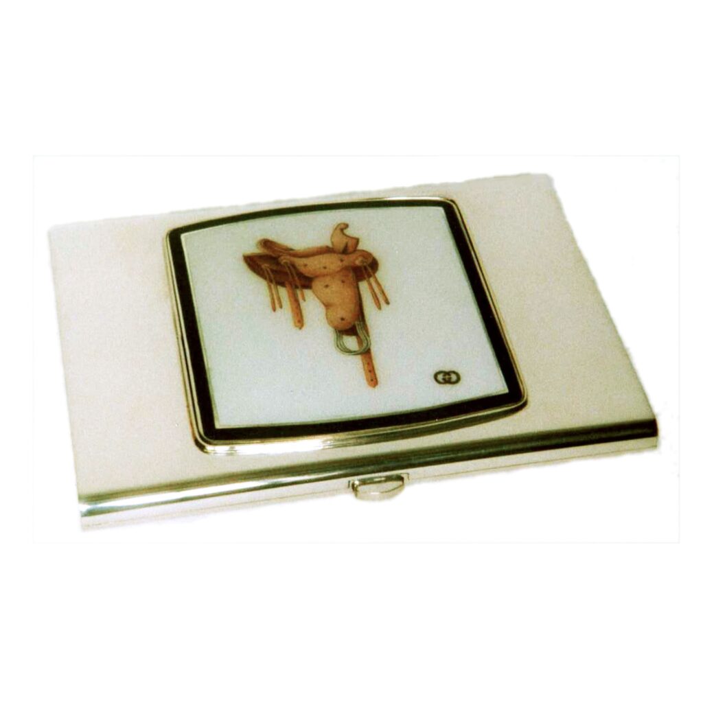 Cigarette case with handmade miniature on enamel .Gucci silver products from Salimbeni