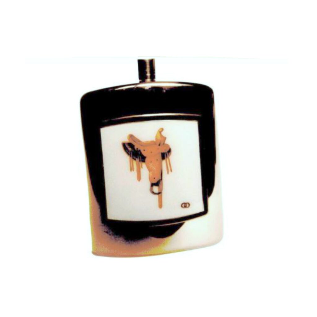pocket liquor flask with handmade miniature on enamel .Gucci silver products from Salimbeni