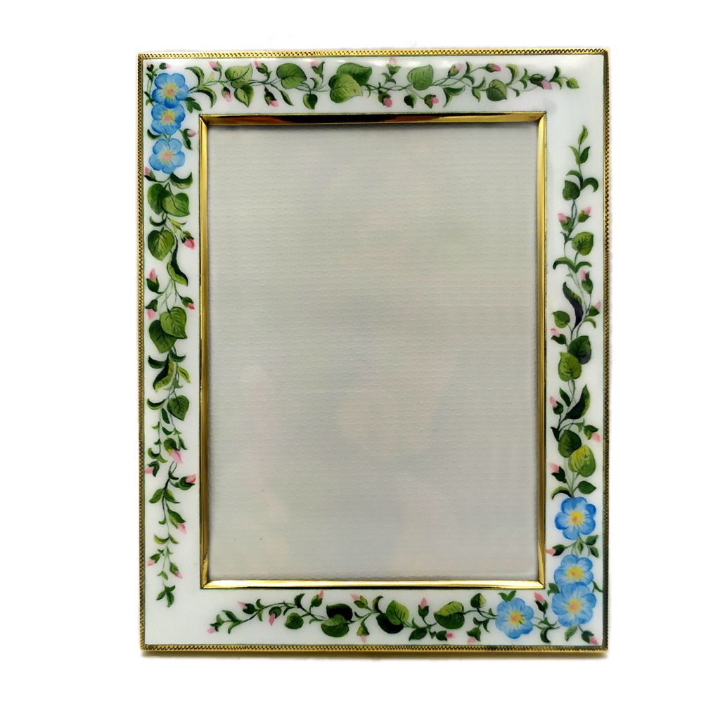 Photo Frames 925 Sterling Silver Handmade by Salimbeni. White with flowes handpainted in fired enamel Art Noveau Style.