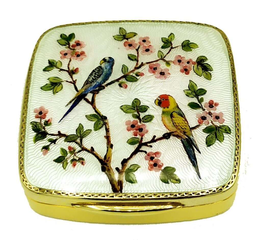 Enamel sterling silver box Salimbeni made with guilloche and engraving Parrots handpainted.