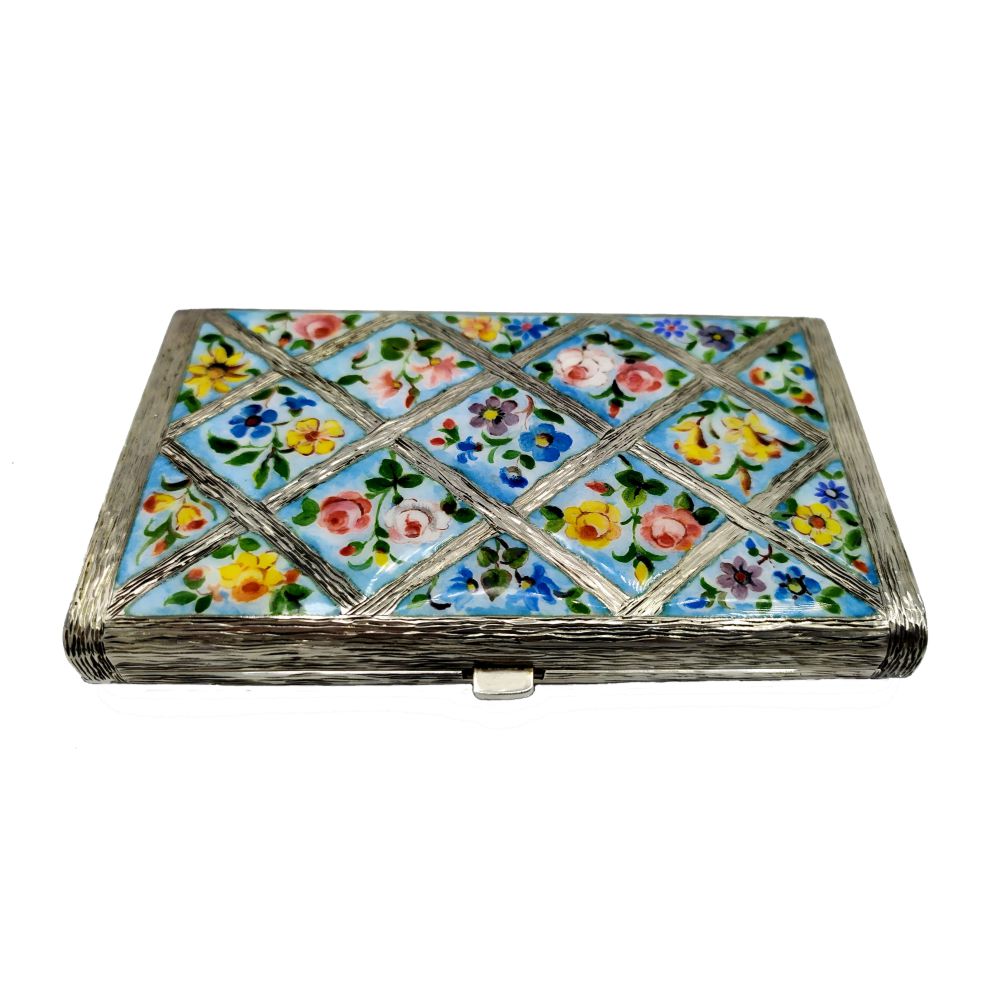 Silver cigarette case with hand painted Fire Enamelled Flowers